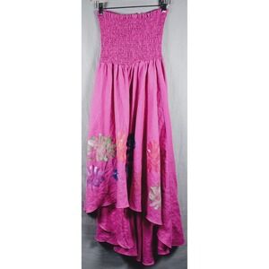 Anna Passerotti Pink Smocked hand painted  Floral Maxi Dress Made in Italy Linen